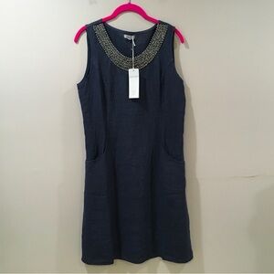 Lina Tomei Dress Medium Linen Tank Beaded Neck Navy Italy